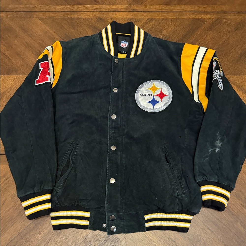 NFL Pittsburgh Steelers Suede Varsity Jacket Mens Medium Black Yellow Vintage